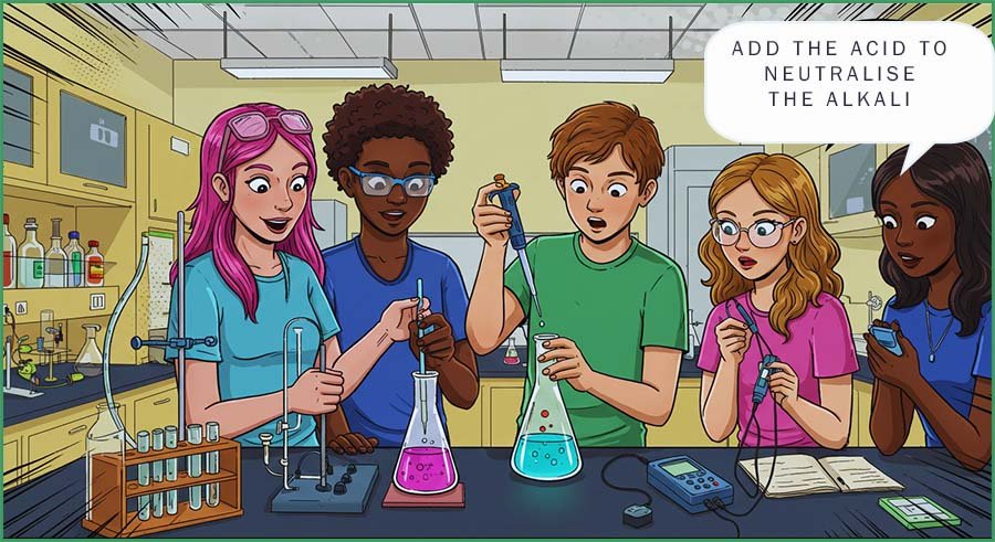 Image shows students carrying out a neutralisation reaction.